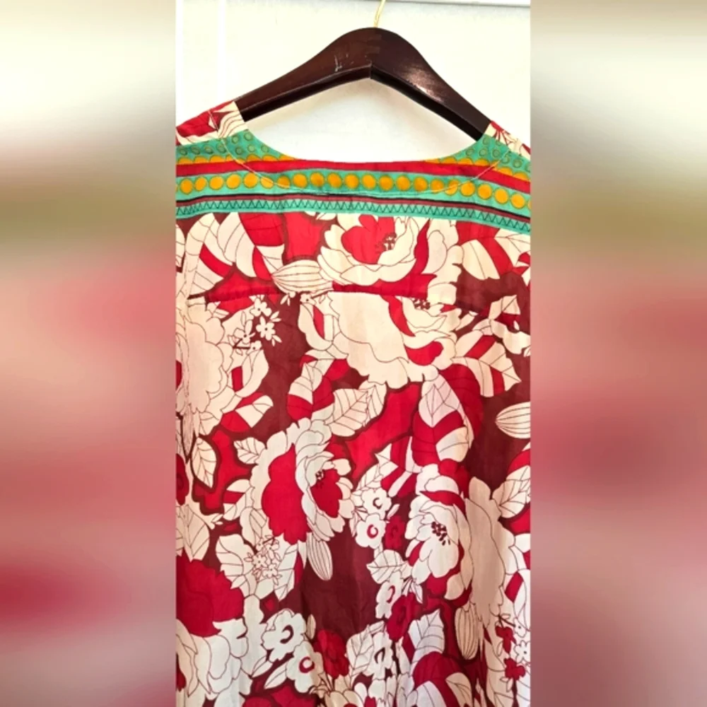 Johnny Was Red Floral Silk Blouse with Cream Print and Green Trim - Picture 7 of 11